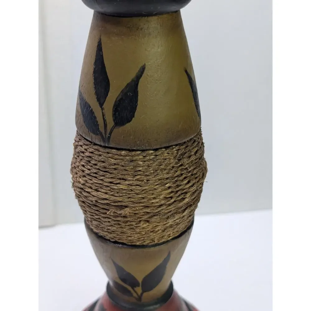 M Howe 2014 Signed Hand Painted Wood Candle Holder Floral Folk Art 12